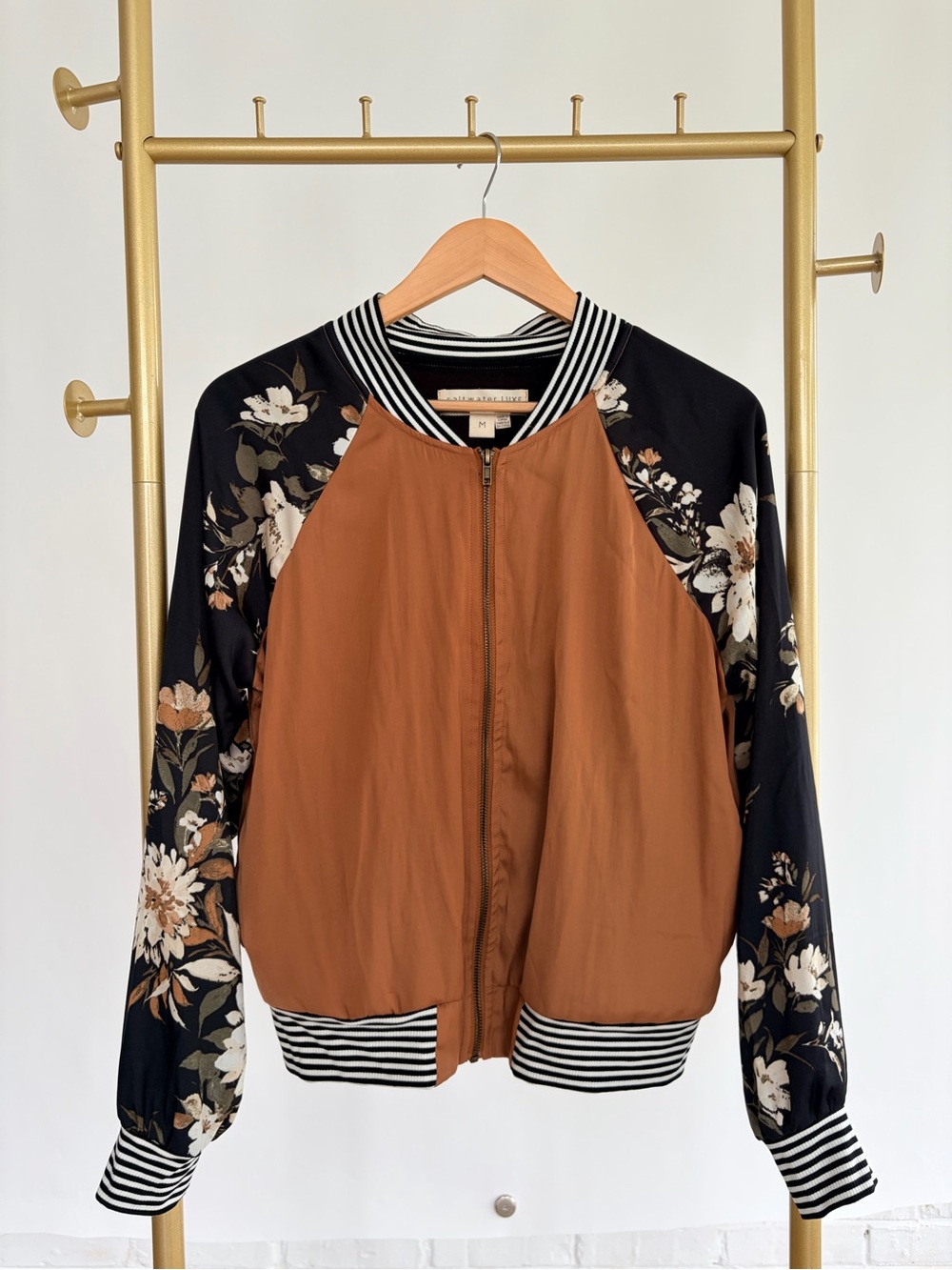 saltwater LUXE Rust Body Floral-Sleeve Bomber Jacket